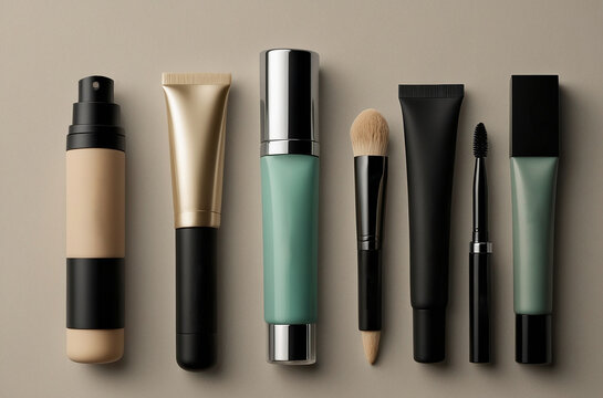 Makeup set with brushers isolated background Skincare beauty models Products