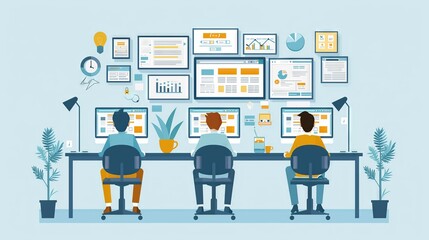 illustration of a software engineering team working in the office on a new project. The illustration is in the style of flat design with blue colors