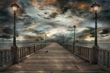 Obraz premium Sunset Serenade: Seagulls and Luminous Skies over a Seaside Pier