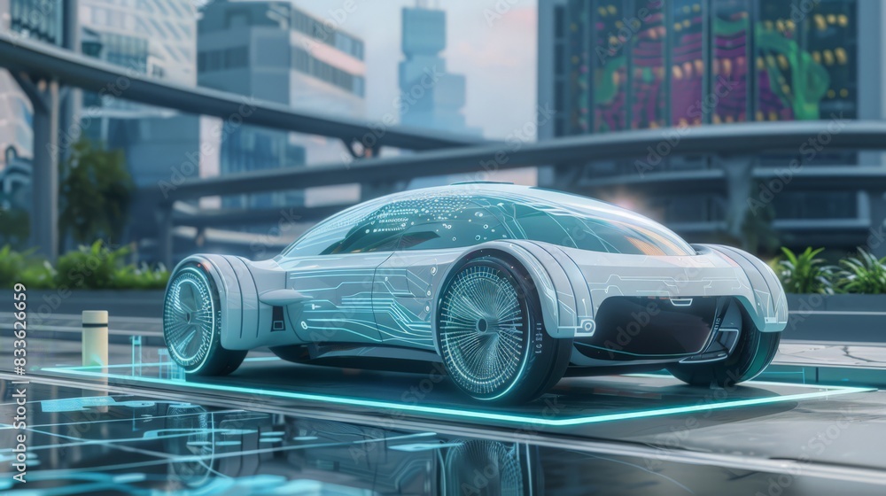 Poster a future car's ai-driven maintenance system predicts and fixes issues before they become problems, e