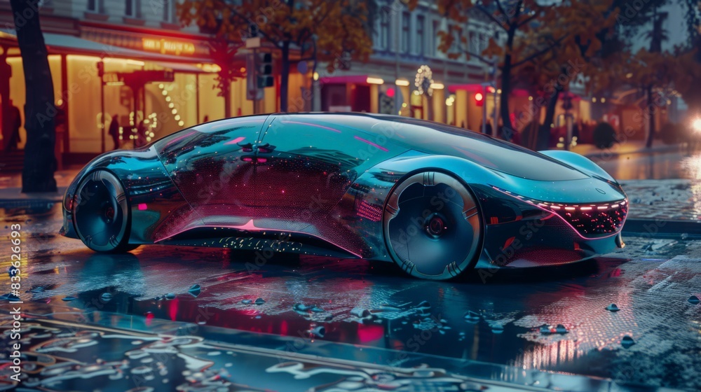 Poster a future car's exterior changes color and pattern based on user preference and environment, blending