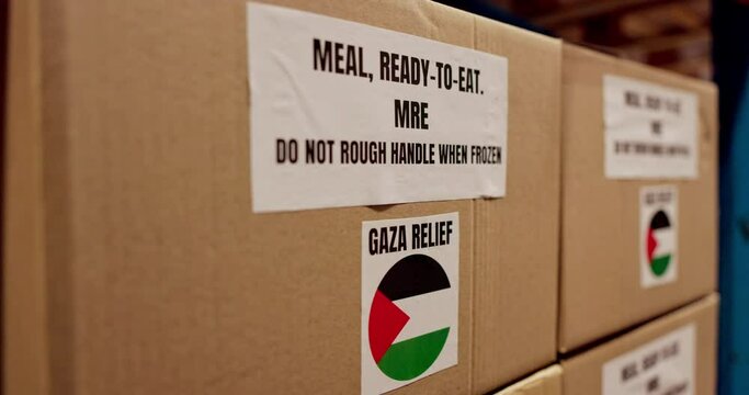 Palestine, box and donation help or package for shipping, ngo and famine crisis or humanitarian response with food parcel. Storage, outreach support and war relief, distribution and export with label
