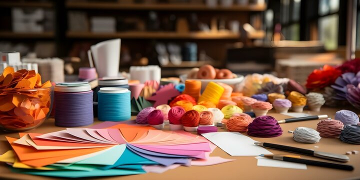 Vibrant paper crafts on desk suggest a creative hobby or side business. Concept Paper Crafting, Creative Hobbies, Home Decor, DIY Projects, Handmade Crafts