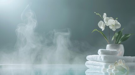 luxurious spa background with candles, flowers, rolled towels, and flowers, serene atmosphere for relaxation and wellness, concept for spa retreats, beauty salons, wellness centers.