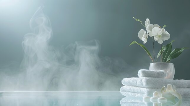 luxurious spa background with candles, flowers, rolled towels, and flowers, serene atmosphere for relaxation and wellness, concept for spa retreats, beauty salons, wellness centers.