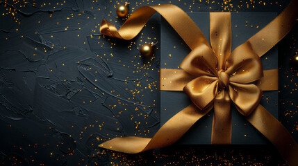 Wallpaper, Background, Texture, Black gift box with gold ribbon and embellishments