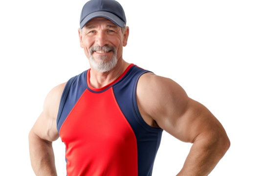 Smiling Middle-Aged Muscular Caucasian Man in a Red and Blue Tank Top - Powered by Adobe