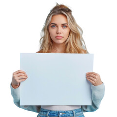 Fototapeta premium Young woman smiling and holding a blank white board, isolated on transparent background