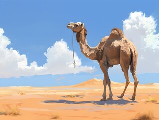 Lone Camel Trekking Through Vast Desert Landscape Under Bright Blue Sky