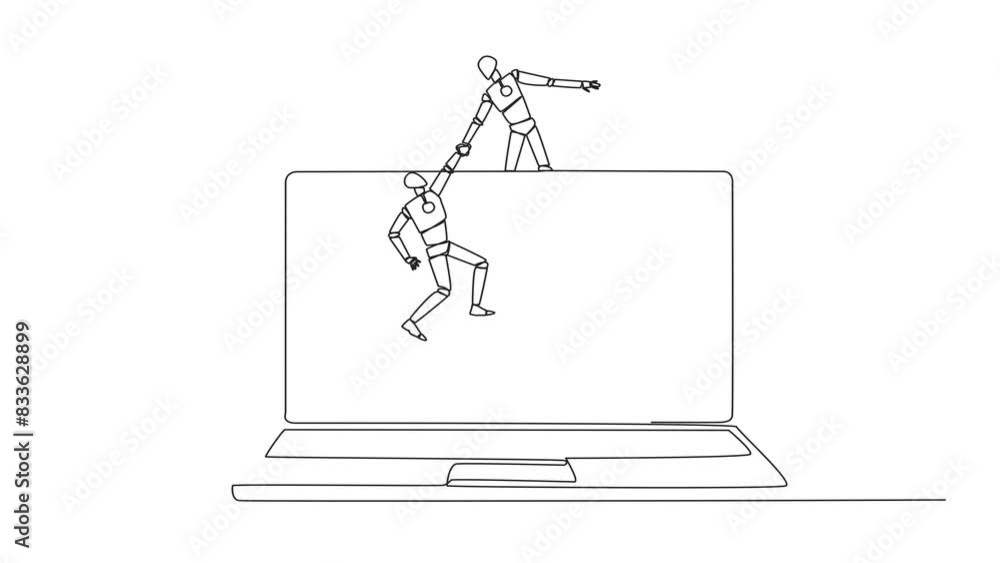 Poster animation of single line drawing smart robot helps colleague to climb a big laptop computer. help cr