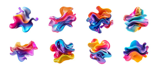 3d abstract colorful fluid wave shape. y2k modern illustration png cutout set isolated on transparent background