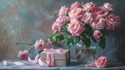A pink rose bouquet in an elegant vase, with delicate ribbons and a gift box beside it on the table, set against a pastel background for Mother's Day.