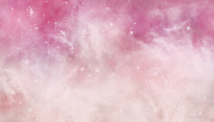 Pink, white nebula universe. Pink background with bubbles. Abstract brush painted sky fantasy pastel pink watercolor background. Soft pink splash texture. Shiny pink grunge texture.
