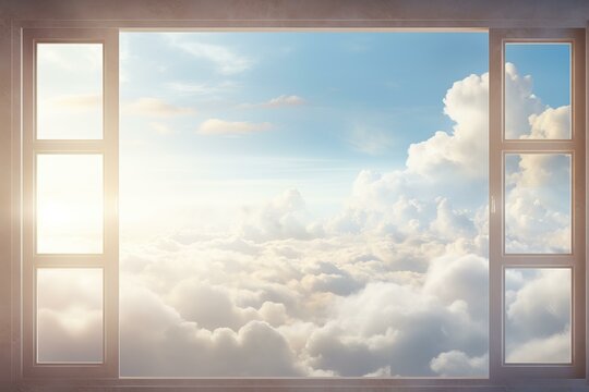 Fototapeta Open window with a view of a serene cloudy sky basked in warm sunlight