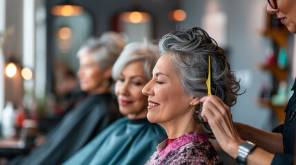 Group of three middle-aged women of various backgrounds, getting their hair styled in an upscale salon. Bright, elegant salon background with mirrors and hairdressing tools,