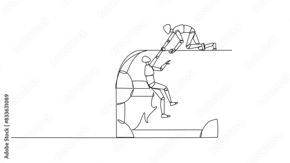 Poster animation of single continuous line drawing smart robot helps colleague climbing the big treasure ch