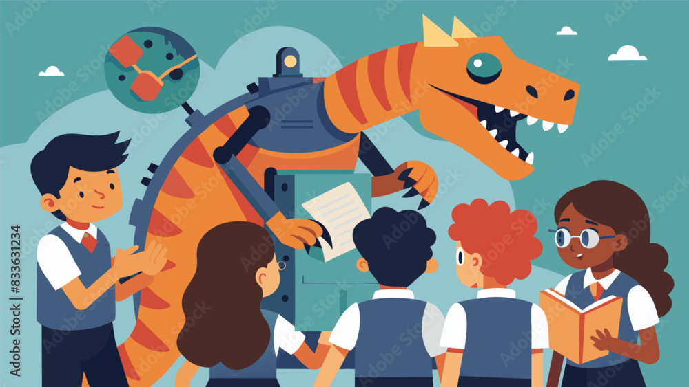 Poster a group of students huddles around a robotic dinosaur exhibit taking turns controlling its movements