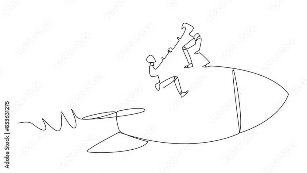 Aufkleber self drawing animation of single line drawing robot helps colleague climb the flying rocket. metapho