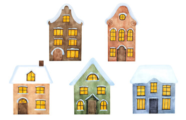 Watercolor colorful houses with snowy roof For winter decoration Christmas 2025 poster New Year sticker fairy childish postcard scrapbooking print logo wallpaper wrapping design souvenir Architecture
