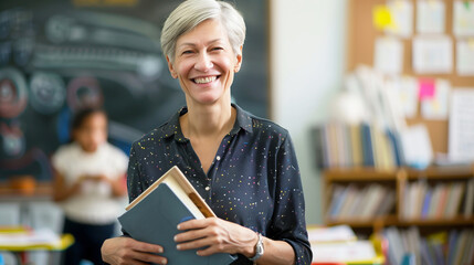 Mature European woman teacher in a classroom, smiling and holding a book, with a chalkboard in the background. Bright, colorful classroom background