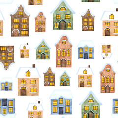 Naklejka premium Watercolor houses with snowy roof white seamless pattern For winter decoration Christmas 2025 poster New Year wallpaper wrapping colorful design childish scrapbooking print textile Building Old town