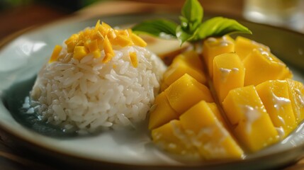 A serving of sticky rice paired with ripe mango slices and drizzled with coconut milk, a classic Thai dessert