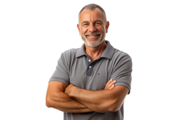 Smiling Middle-Aged Caucasian Man in a Gray Polo Shirt