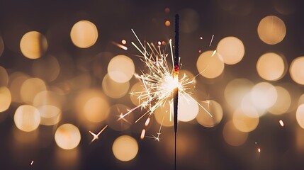 A single sparkler glowing brightly against an out of focus background of soft, sparkling lights. the beauty and excitement associated with New Year's Eve celebrations.