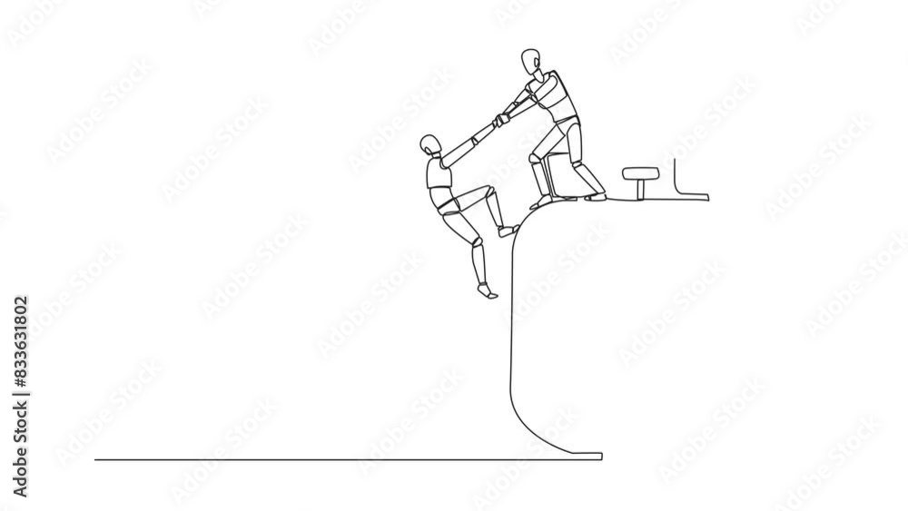 Poster animated self drawing of continuous line drawing smart robot helps colleague climb big alarm clock. 