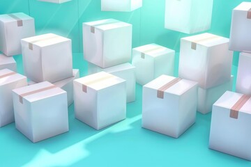 Obraz premium Soft mint green backdrop showcasing various sizes of 3D cardboard boxes, arranged in a minimalist style, emphasizing transportation logistics