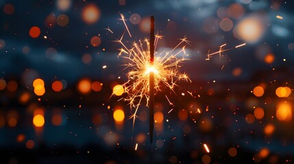 Fototapeta premium A single sparkler glowing brightly against an out of focus background of soft, sparkling lights. the beauty and excitement associated with New Year's Eve celebrations.