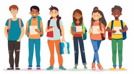 Fototapeta premium Group of six diverse students with backpacks holding books and notebooks, standing together and smiling