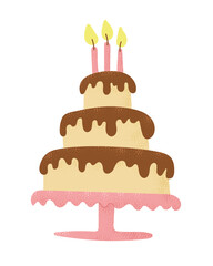 Birthday 3 tiered cake with burning candles in flat style with dotted texture and in candy pastel colors. Vector holiday illustration. Flat drawings isolated on white background