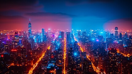 Fototapeta premium A city skyline lit up at night with bright lights, AI