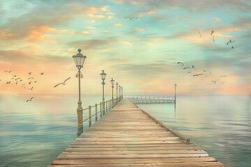 Obraz premium Morning Tranquility: Ethereal Sunrise at a Seaside Victorian Pier