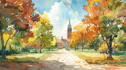 Watercolor painting of a university campus in autumn with vibrant trees
