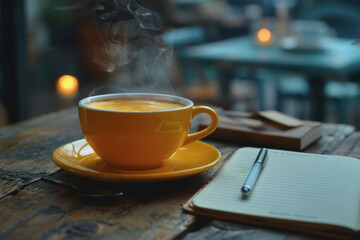 Fototapeta premium The table with a hot coffee cup, Morning atmosphere, notebook, pen, and Space on the left side.