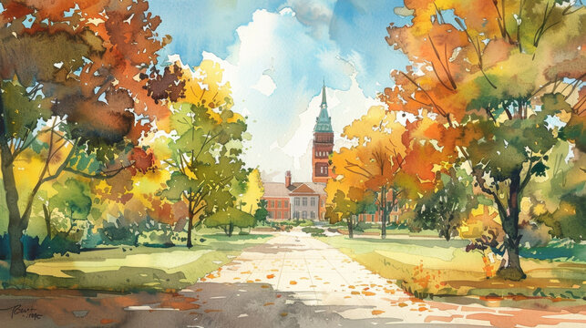 Watercolor painting of a university campus in autumn with vibrant trees
