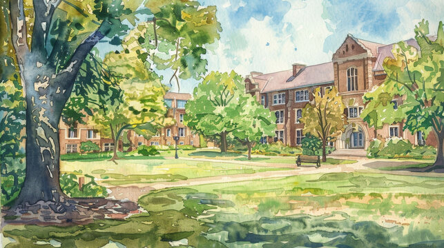 Watercolor painting of a college campus with lush greenery and historic buildings