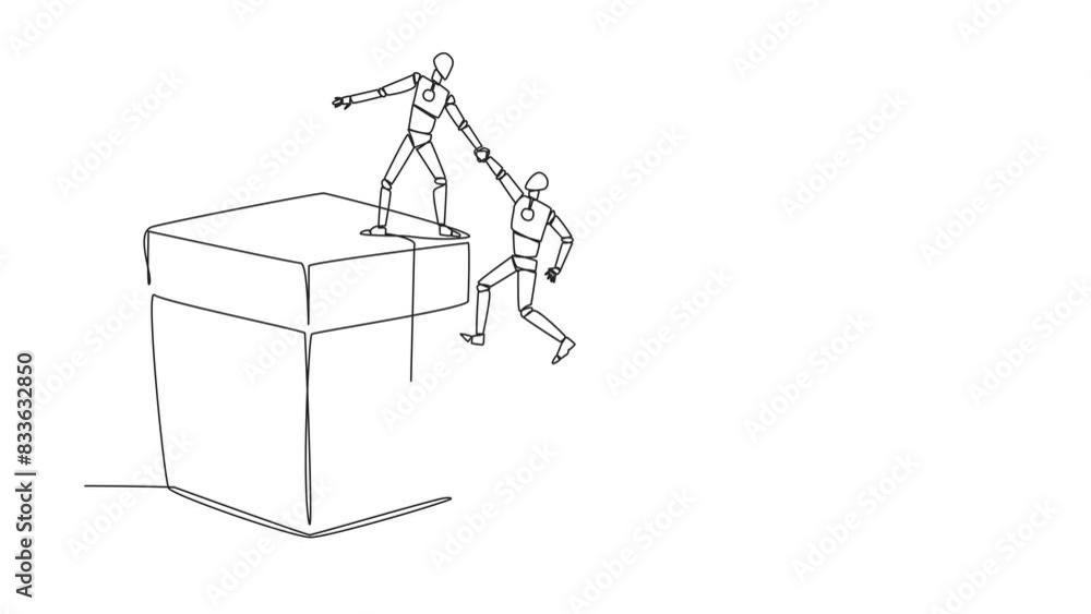 Poster animation of continuous line drawing smart robotic helps colleague climb the big gift box. integrate