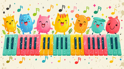 Illustration of Happy Children Dancing on Piano Keys