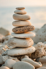 Zen stack of stones, pile of balanced rocks, nature healing, balance wellness and harmony still life