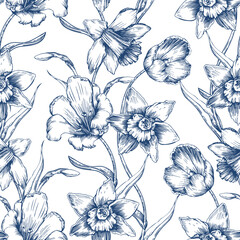 Seamless pattern with daffodil flowers. Vector illustration.