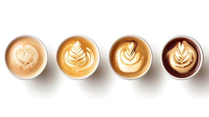 Coffee cups with different types of cream swirls on a white background, each cup containing cappuccino, latte or espresso macchiato, showcasing the variety and quality.