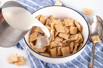 Cinnamon toast crunch mix in portioned bowl with milk. Sweet Trendy Crunchy Cinnamon Breakfast Cereal 