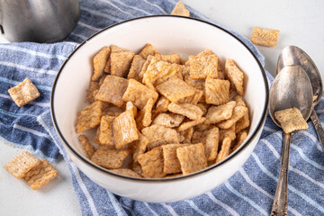 Cinnamon toast crunch mix in portioned bowl with milk. Sweet Trendy Crunchy Cinnamon Breakfast Cereal 