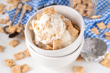 Cinnamon Toast Crunch ice cream with cinnamon sugar and caramel, small portion bowl with a lot of cinnamon toast cereal mix 