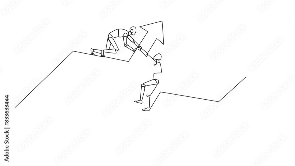 Poster self drawing animation of single line drawing smart robot helps colleague climb arrow symbol. teamwo