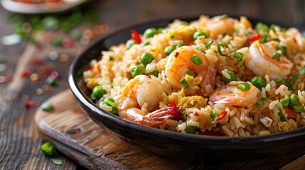 Shrimp fried rice displayed on a wooden surface