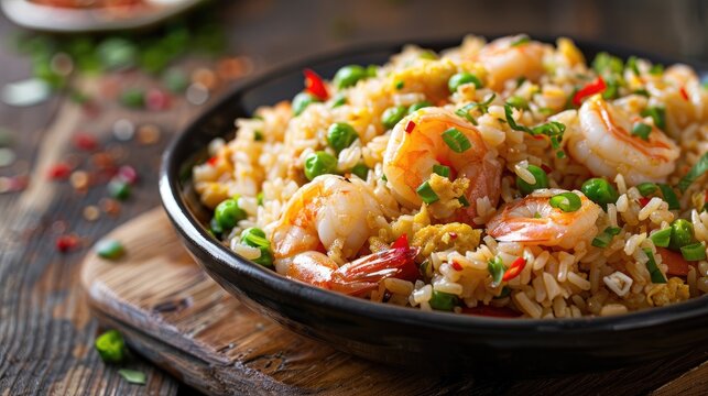 Shrimp fried rice displayed on a wooden surface